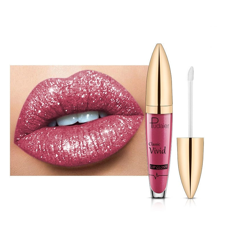 Strålende glitter lipgloss for kvinner. Gir langvarig glans og festmakeup-effekt.