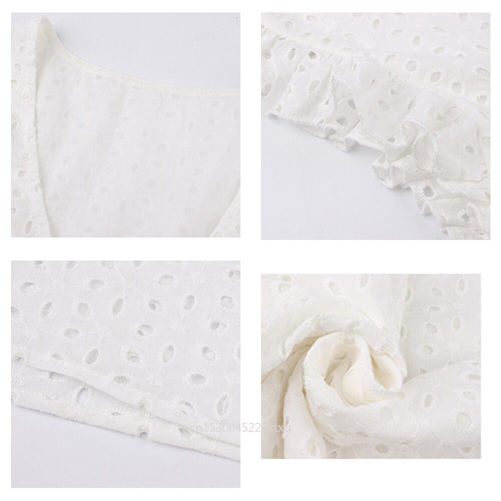 Stilren kortermet sommerkjole for kvinner med volanger, V-hals og elegant minikjole-design.
