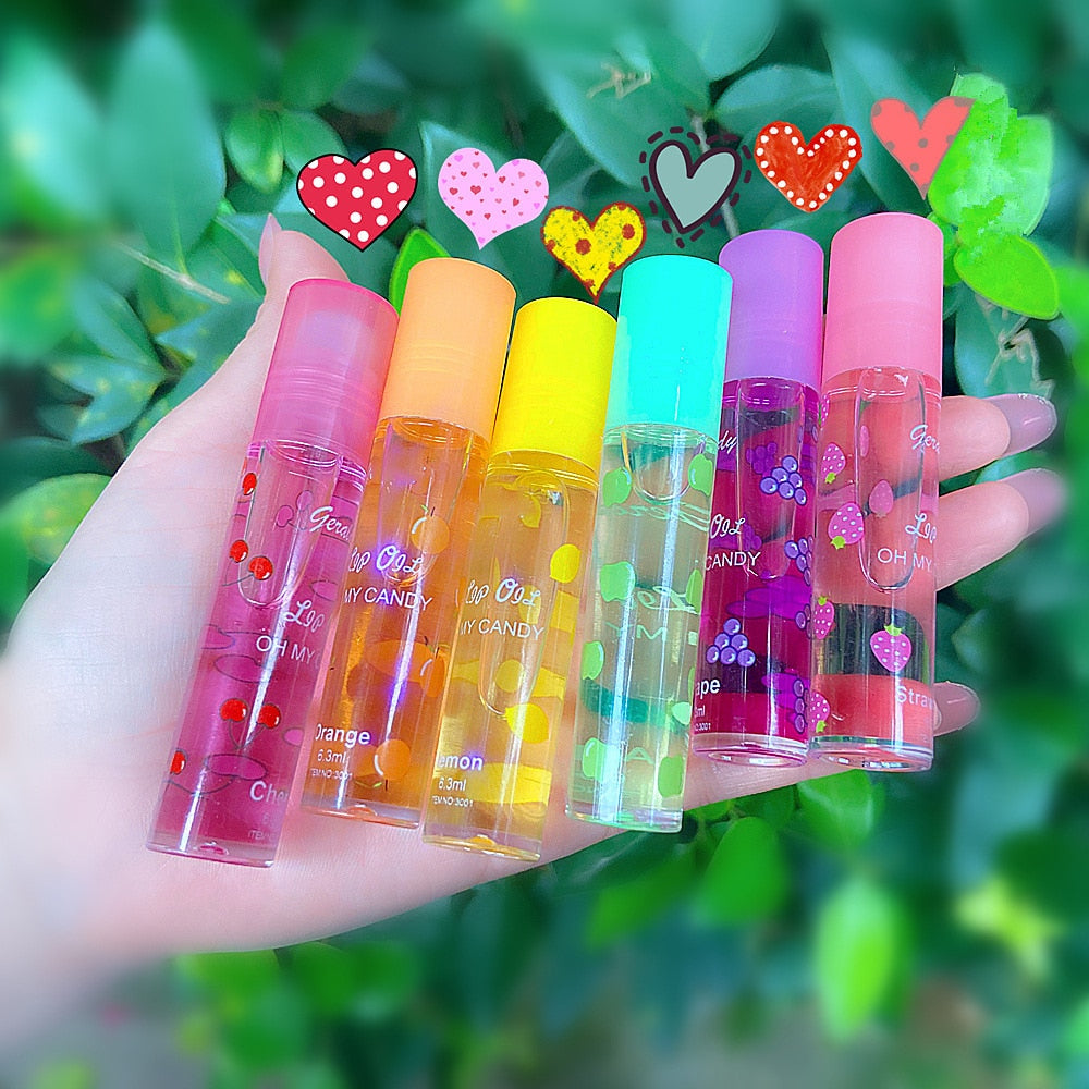 Fuktighetsgivende lipgloss sett med 6 fruktige nyanser, perfekt for skinnende leppepleie.