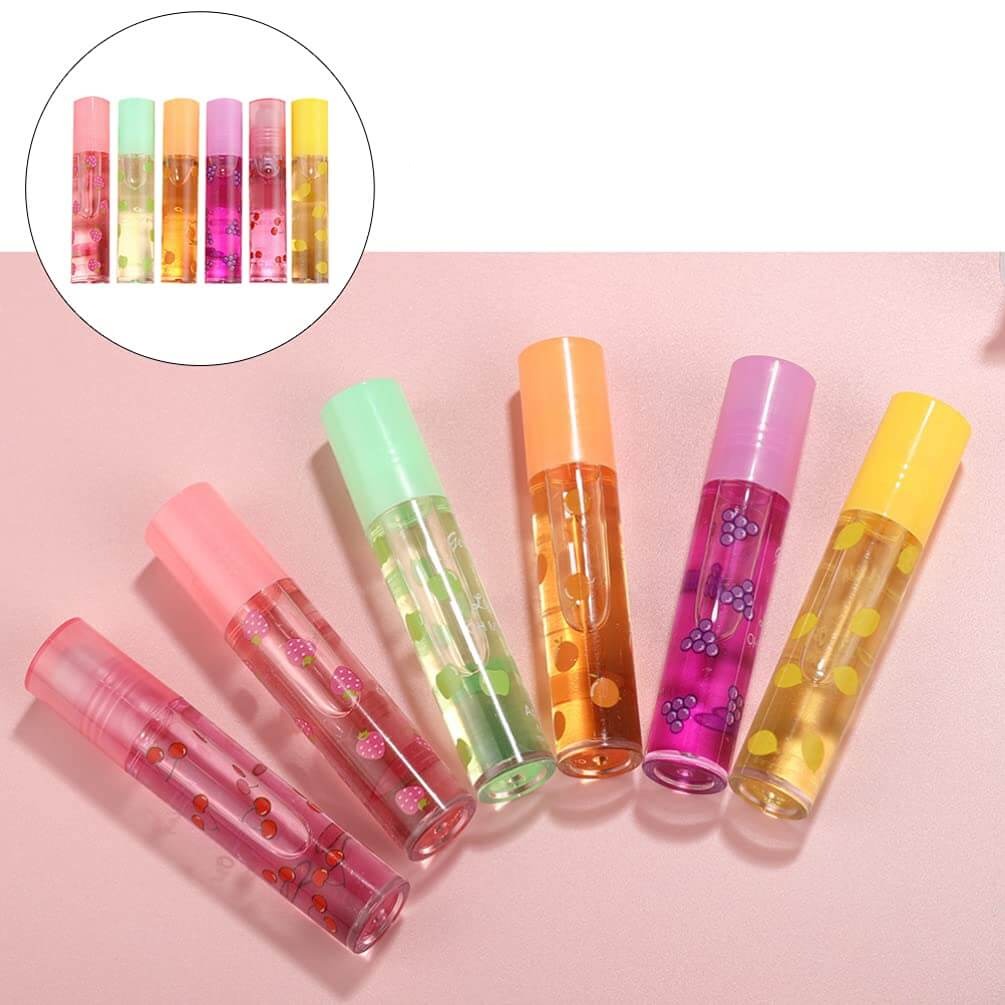 Vakker presentasjon av 6 fruktige lipgloss farger, for skinnende og fuktige lepper.