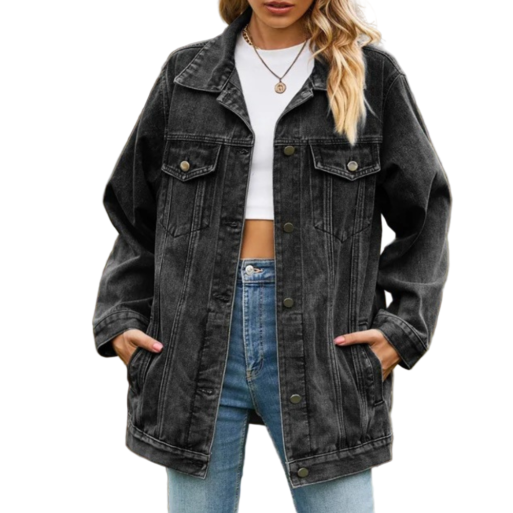 Kvinners oversize retro denimjakke med unike detaljer. Perfekt som casual vår- eller høstjakke.