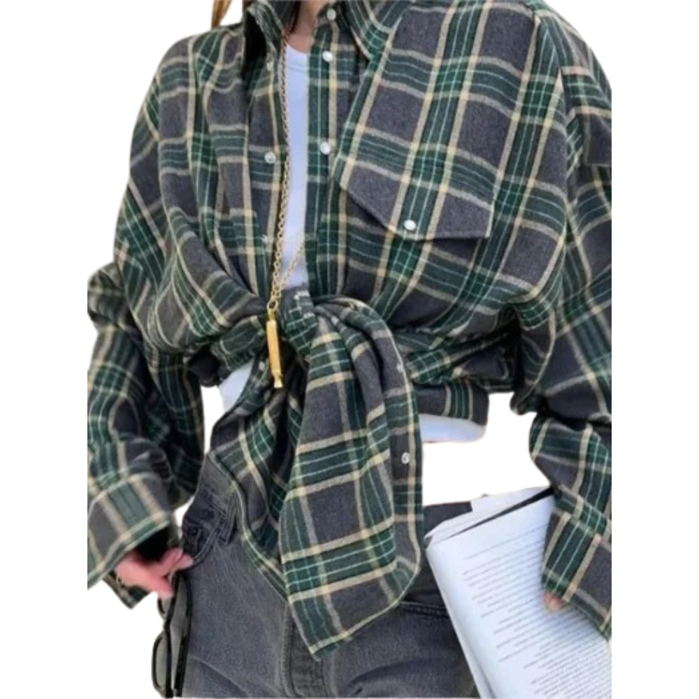 Blå oversized rutete skjorte for kvinner, langermet. Klassisk casual look, allsidig kvinneklær.