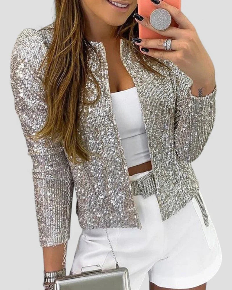 Elegant kvinners glitterjakke med paljetter. Ideell for fest, cocktail og spesielle anledninger.