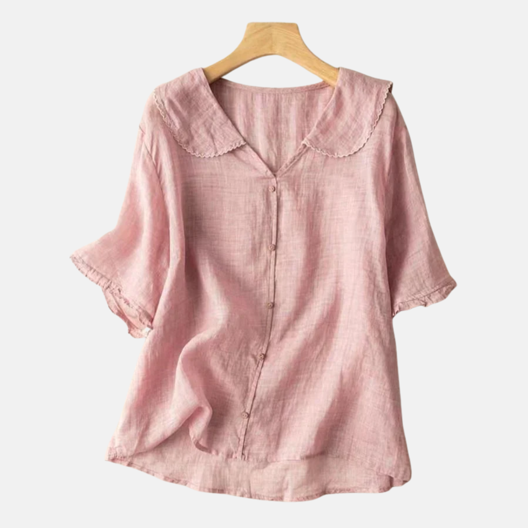 Rosa kvinners casual bomull lin skjorte med dukke krage. Perfekt retro topp for hverdagsbruk.