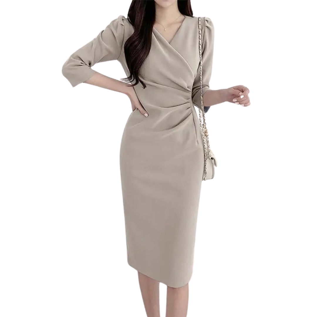 Kvinners V-hals bodycon knelang arbeidsdress, trekvart ermer, formell og elegant kontorkjole.