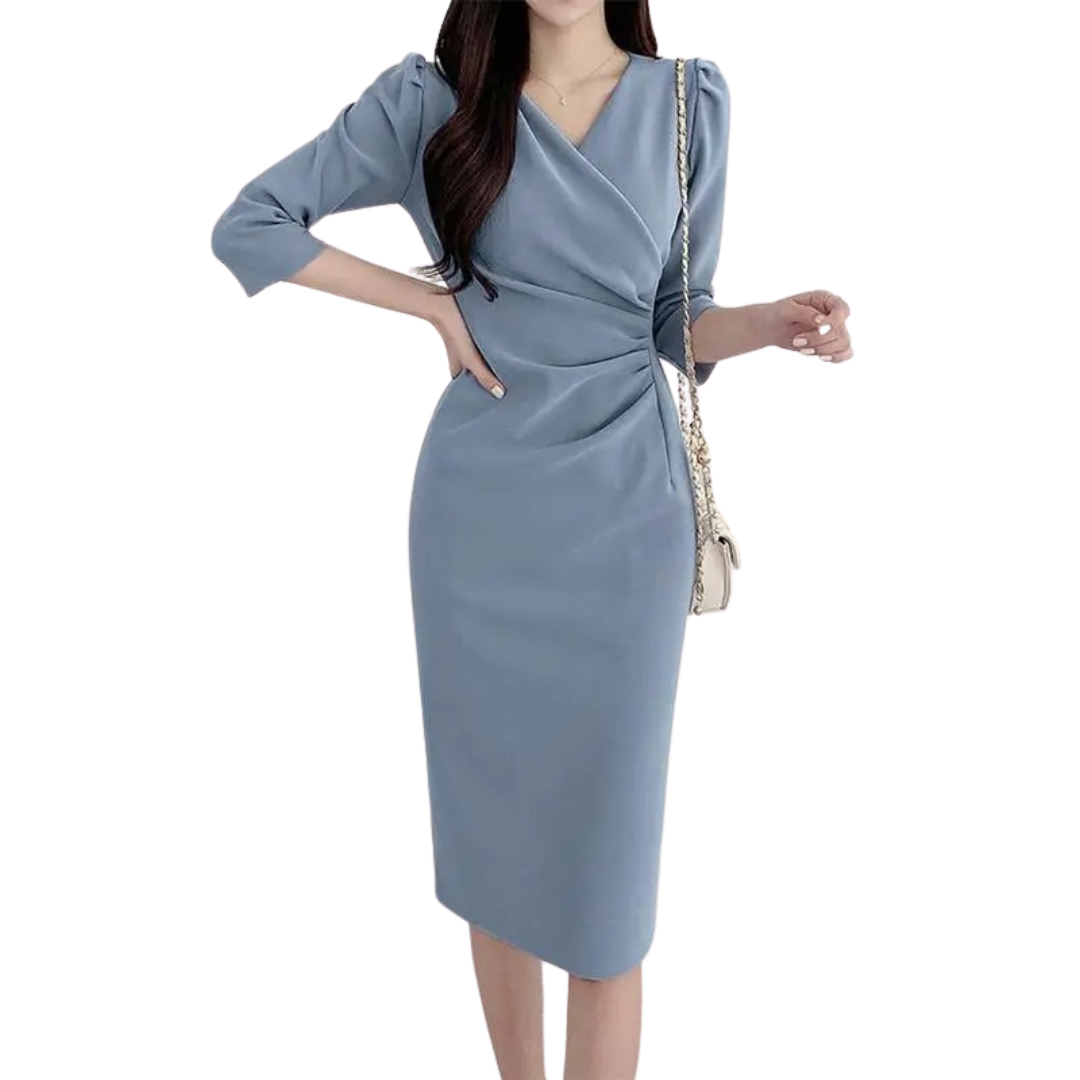 Formell kontorkjole for kvinner, marineblå V-hals bodycon arbeidsdress med trekvart ermer.