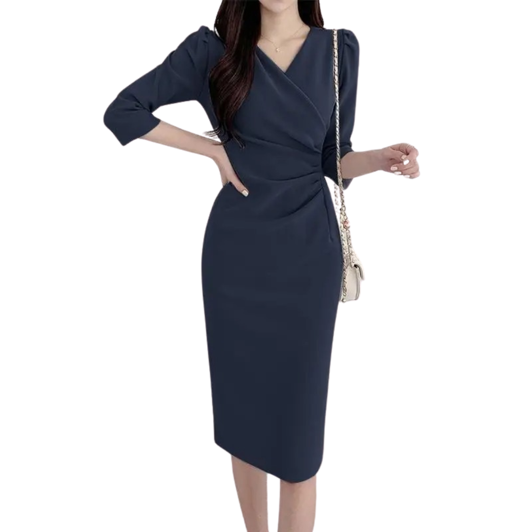 Elegant knelang bodycon arbeidsdress for kvinner, V-hals, trekvart ermer, perfekt for kontoret.