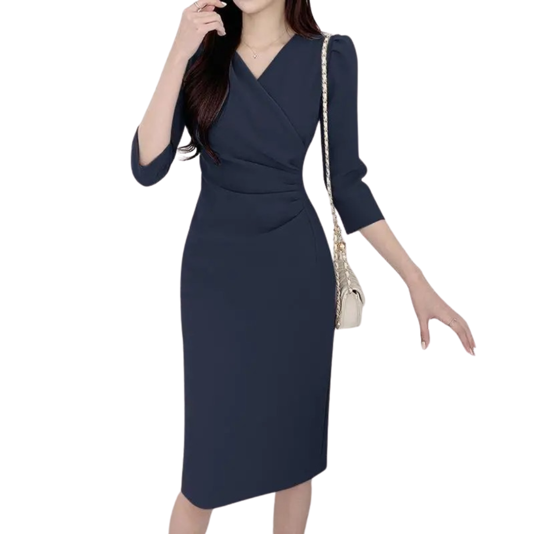 Business kjole for kvinner, V-hals, bodycon, knelang arbeidsdress med trekvart ermer, marineblå.