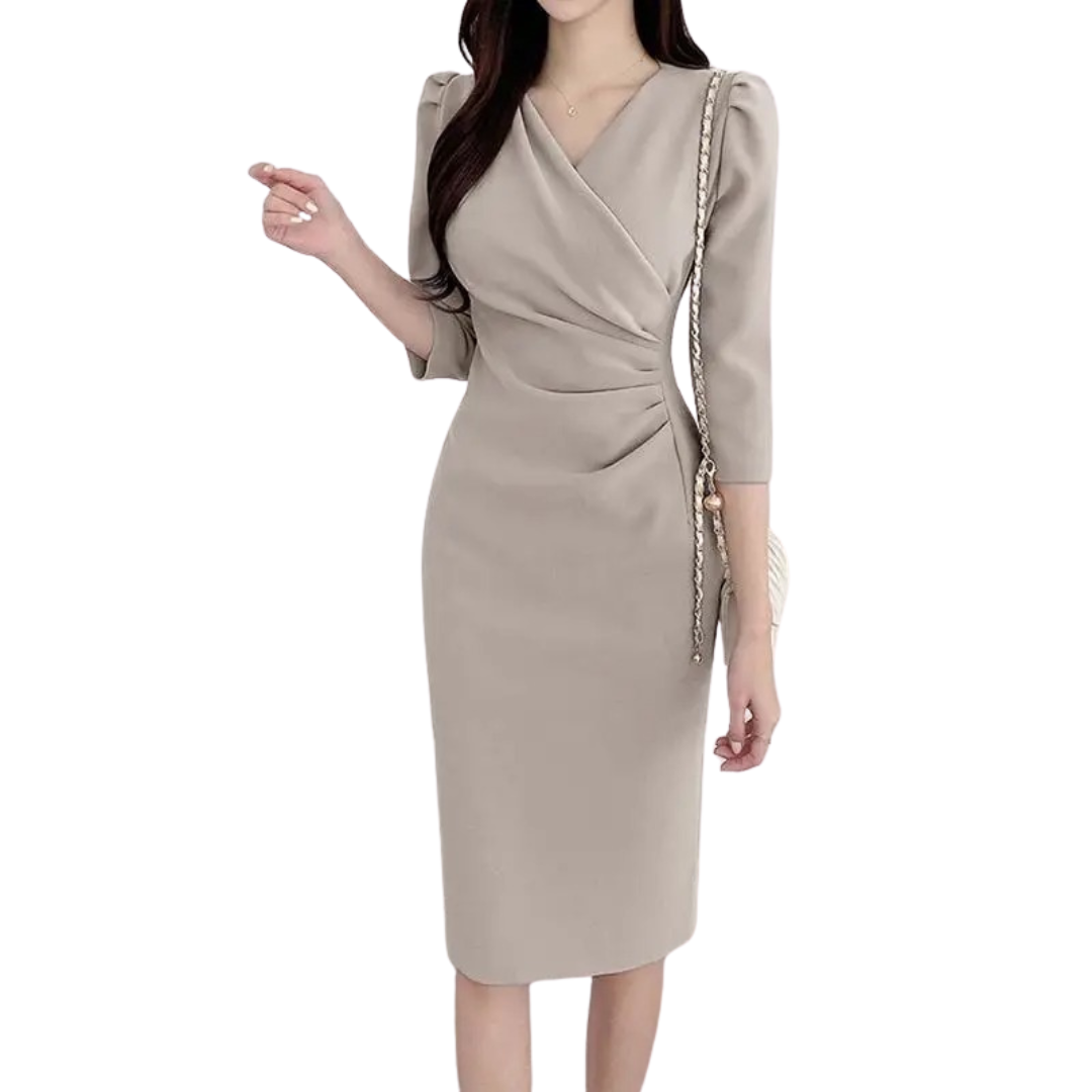 Blå V-hals bodycon arbeidsdress, knelang kontorkjole med trekvart ermer, elegant for kvinner.