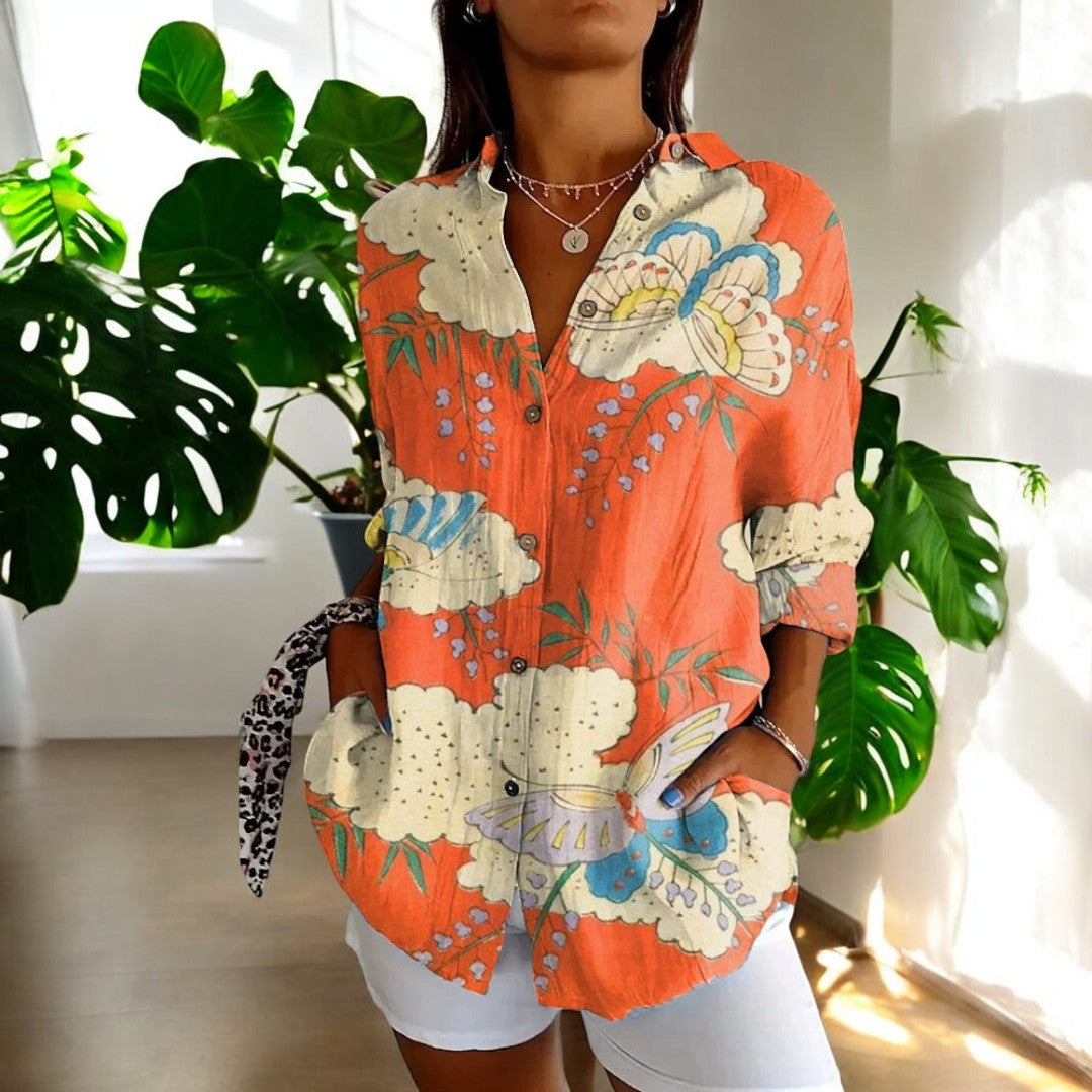 Vår/sommerbluse for kvinner, fargerikt blomsterprint, elegant langermet vintage stil.