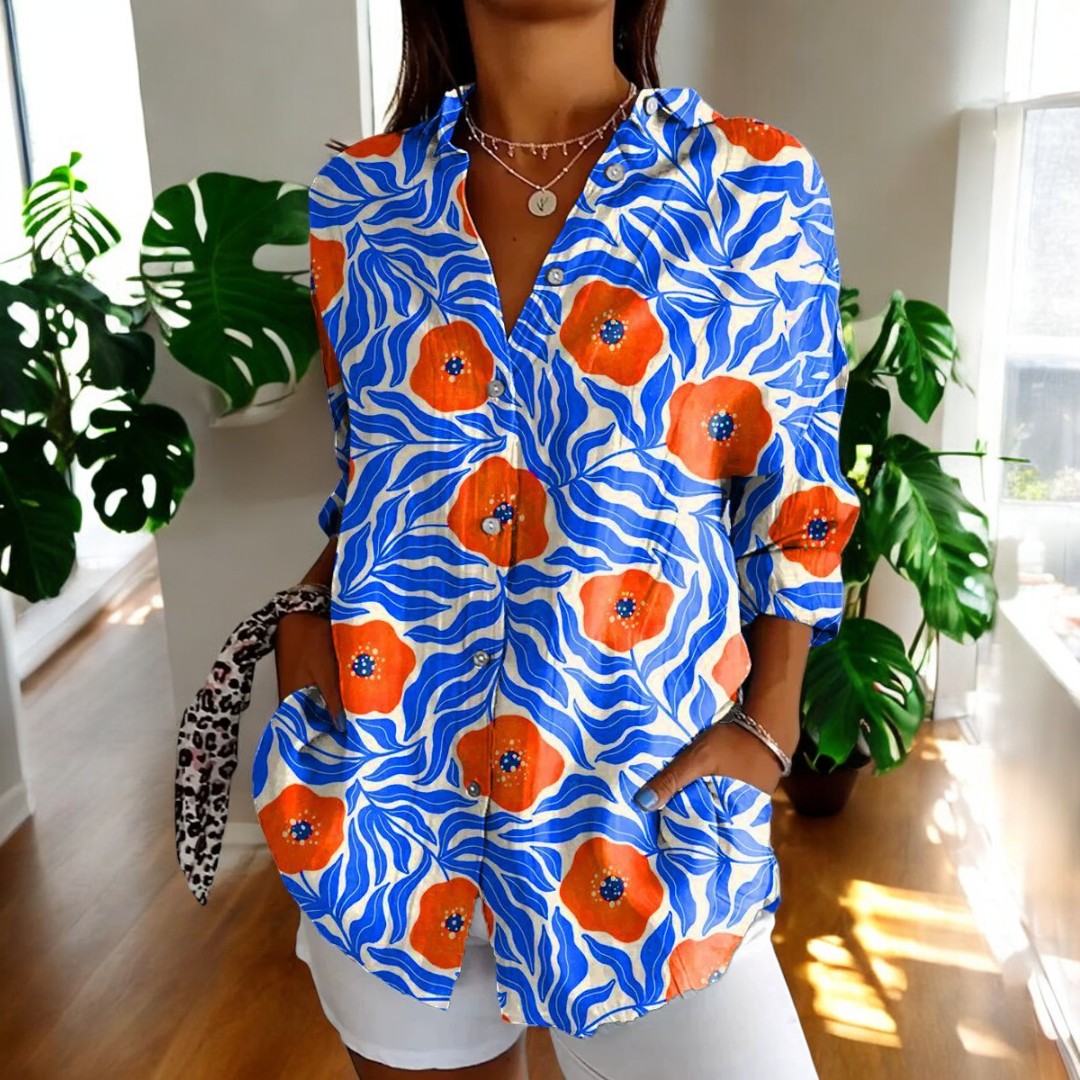Fargerik vintage bluse med blomsterprint, langermet, elegant hverdagsbruk for kvinner.