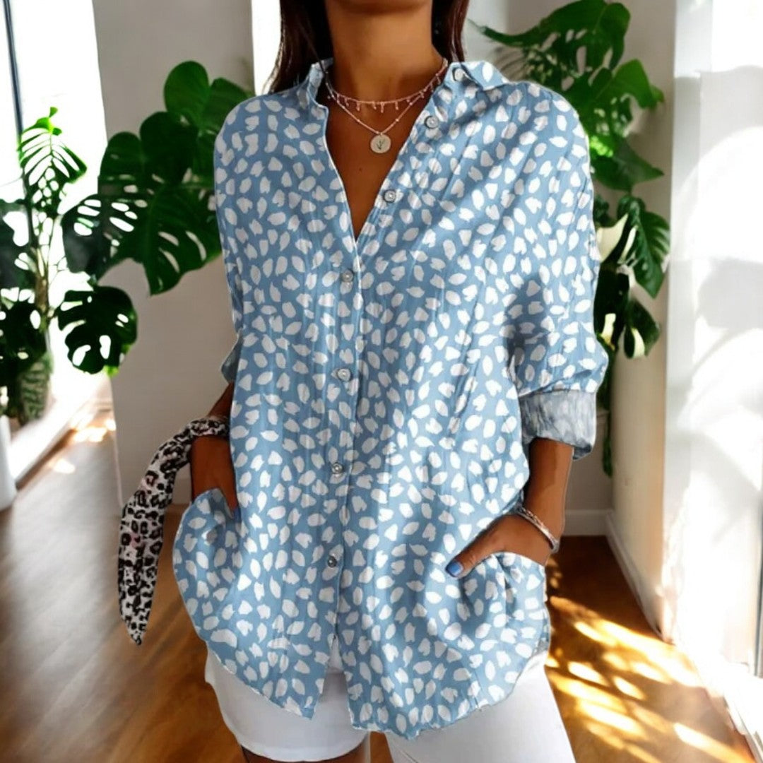 Kvinners langermet vintage bluse med levende fargerikt blomsterprint, elegant hverdagsbruk.