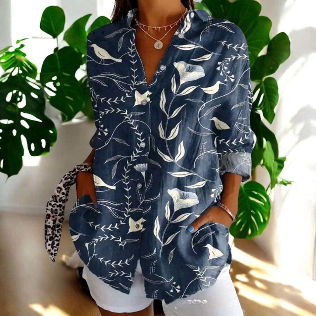 Allsidig fargerik vintage bluse for kvinner, blomsterprint, elegant for fest og hverdag.