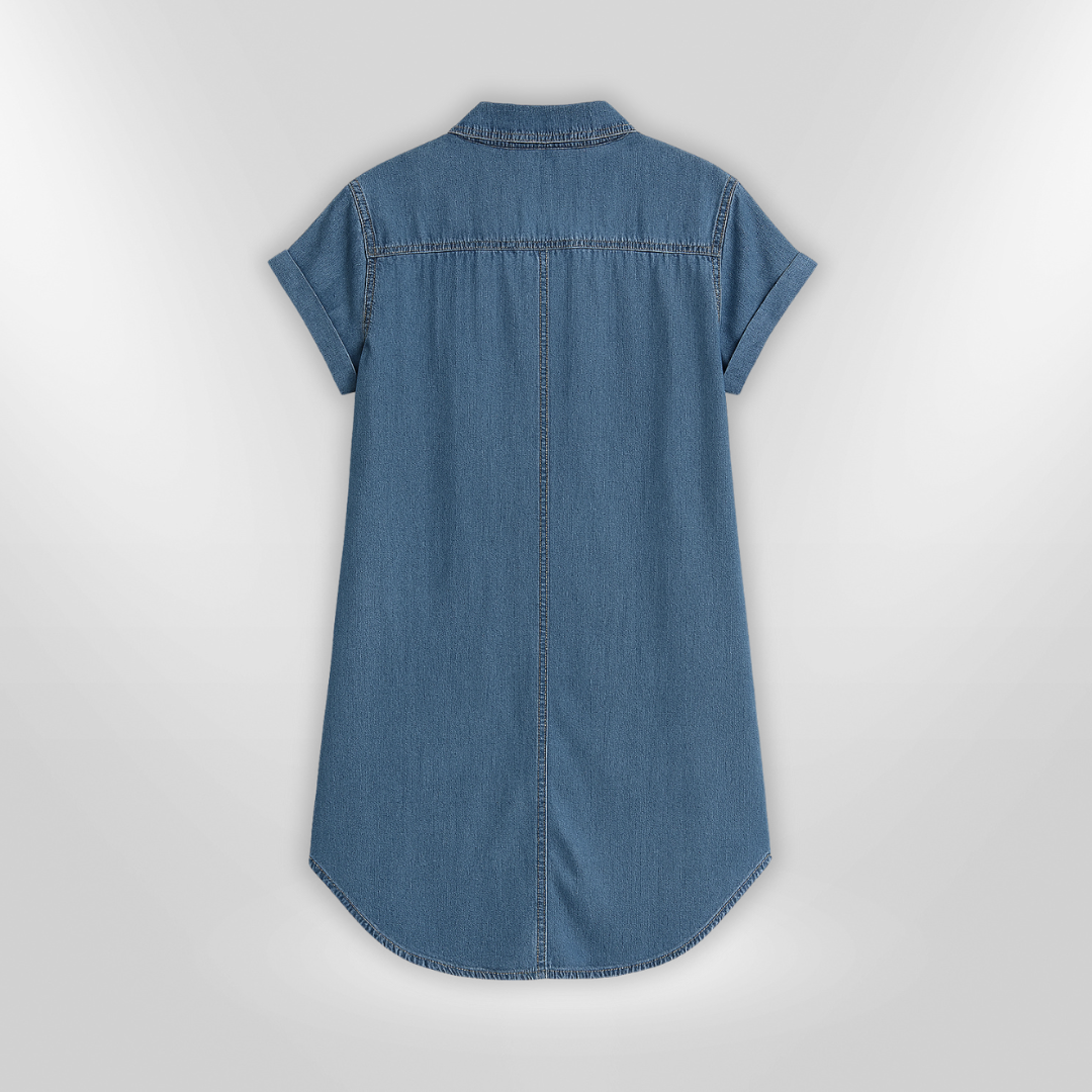 Nærbilde av knappedesign og praktiske lommer på denne avslappede kvinnes sommerkjole. Komfortabel og elegant.