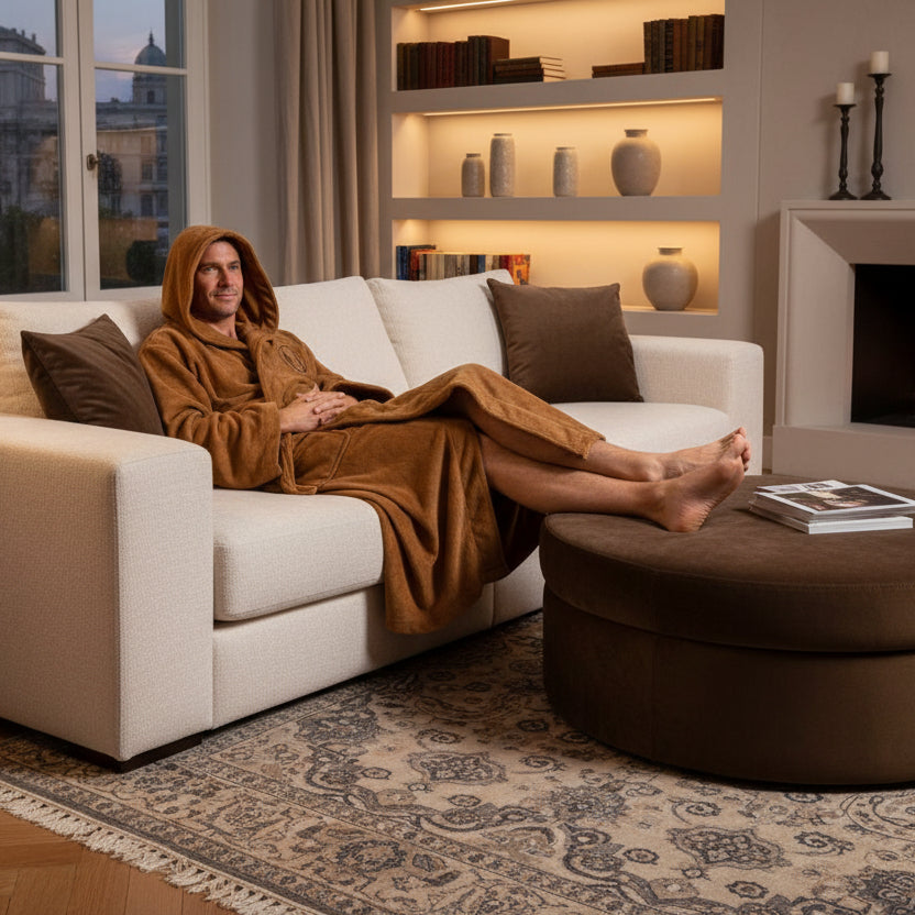 Svart flanell morgenkåpe for damer. Myk og lang badekåpe for ekstra varme og hygge hjemme.