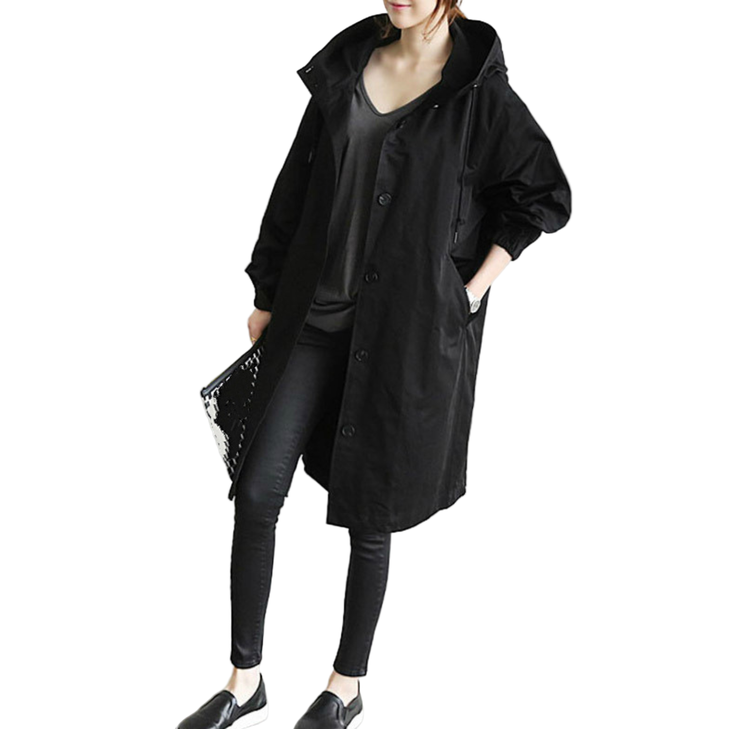 Lang kvinnetrenchcoat med hette, elegant og stilfull vårjakke.