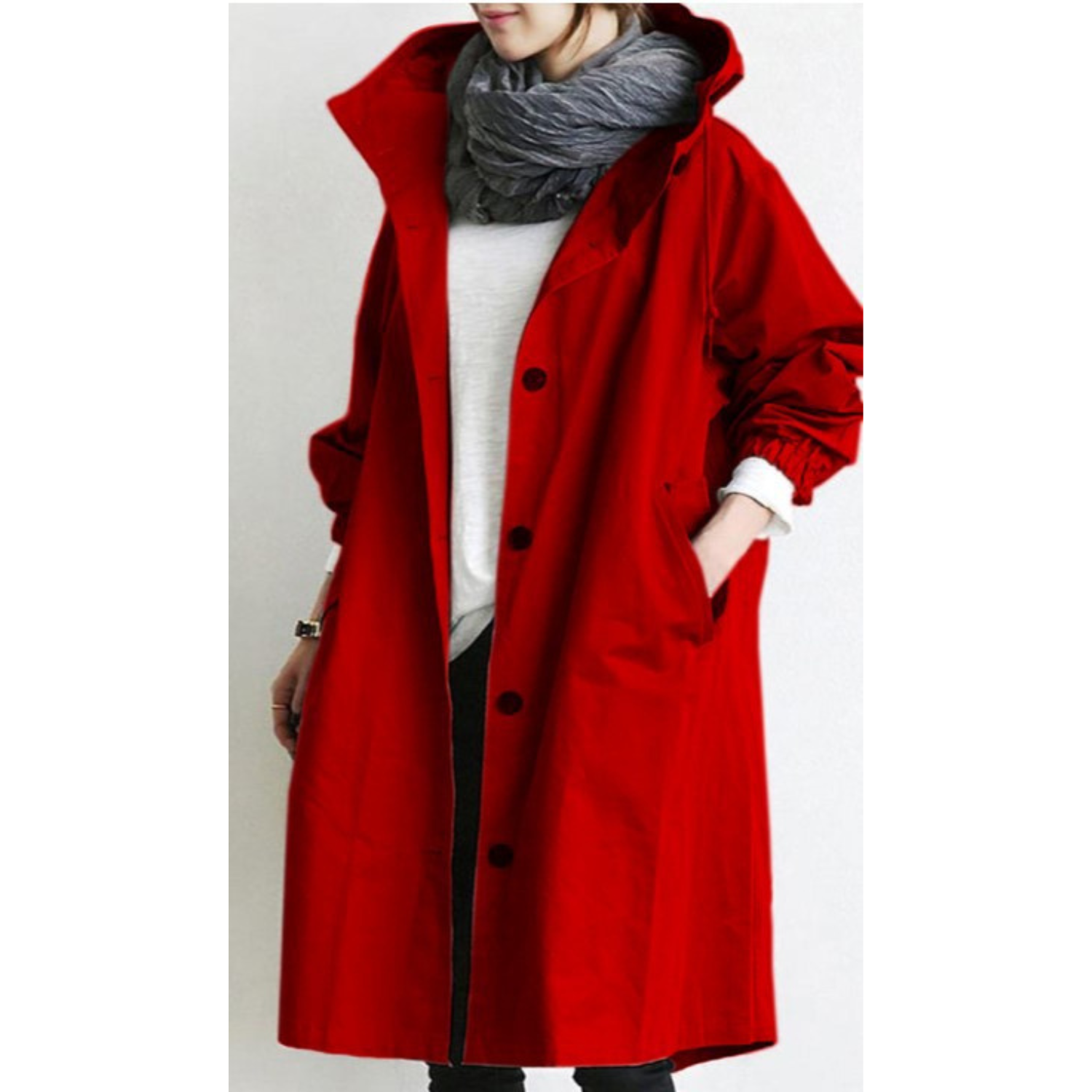 Klassisk lang trenchcoat med hette for kvinner, funksjonelt og stilfullt ytterplagg.