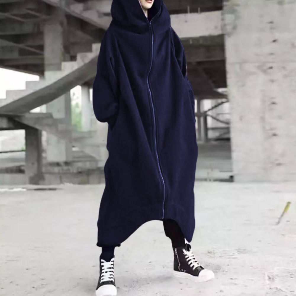 Elegant damejakke, en lang hettegenser med løs passform og hette. Ideell for avslappet og chic stil.