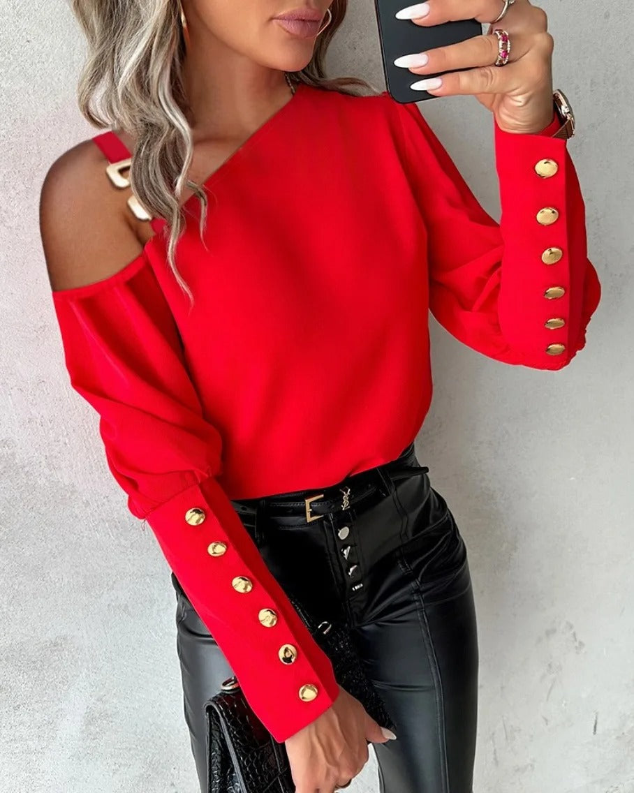 Komfortabel og elegant langermet damebluse med knapper. Ideell for kontorstil eller fritidsbruk.