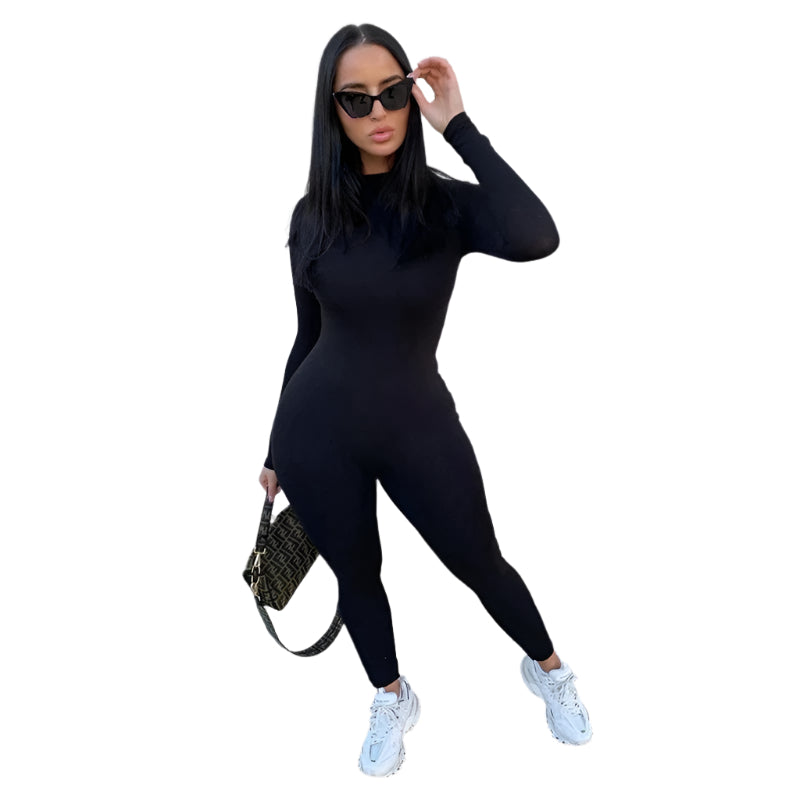 Langermet, elastisk jumpsuit for kvinner. Stilfull og komfortabel for hverdags og fritid.
