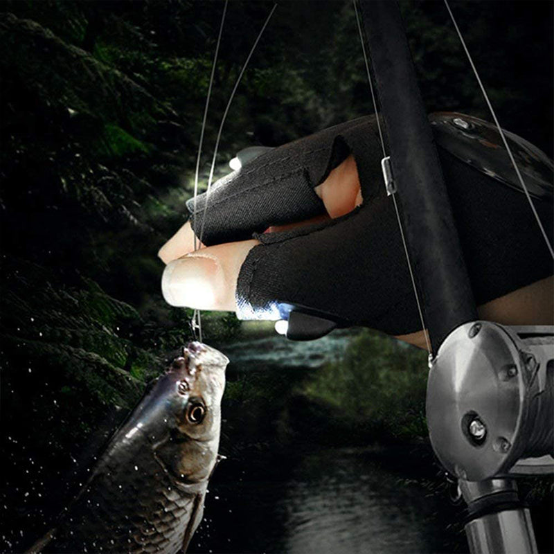 Vanntette LED-hansker for fiskeutstyr og camping, som gir belysning og frie hender under kveldsaktiviteter.
