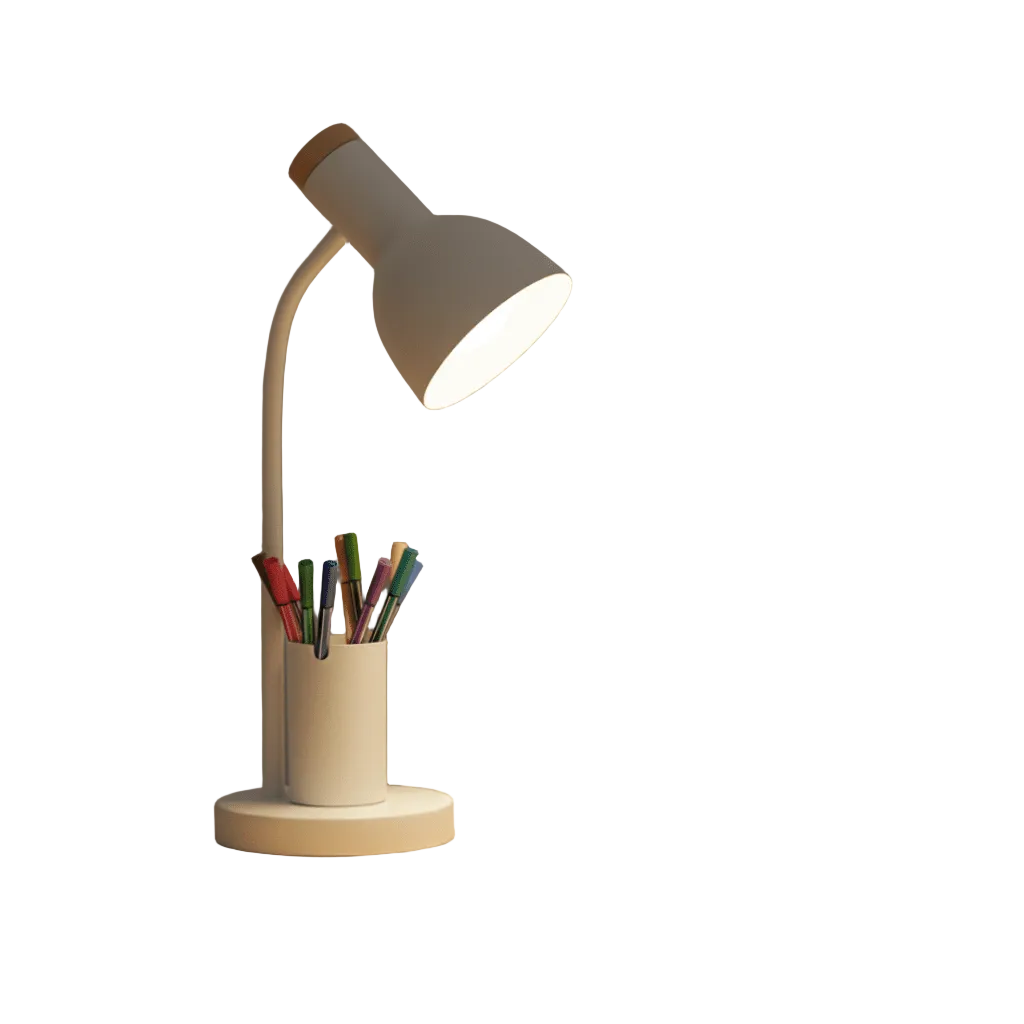 LED-bordlampe med penneholder for organisert hjemmekontor og funksjonelt arbeidslys.