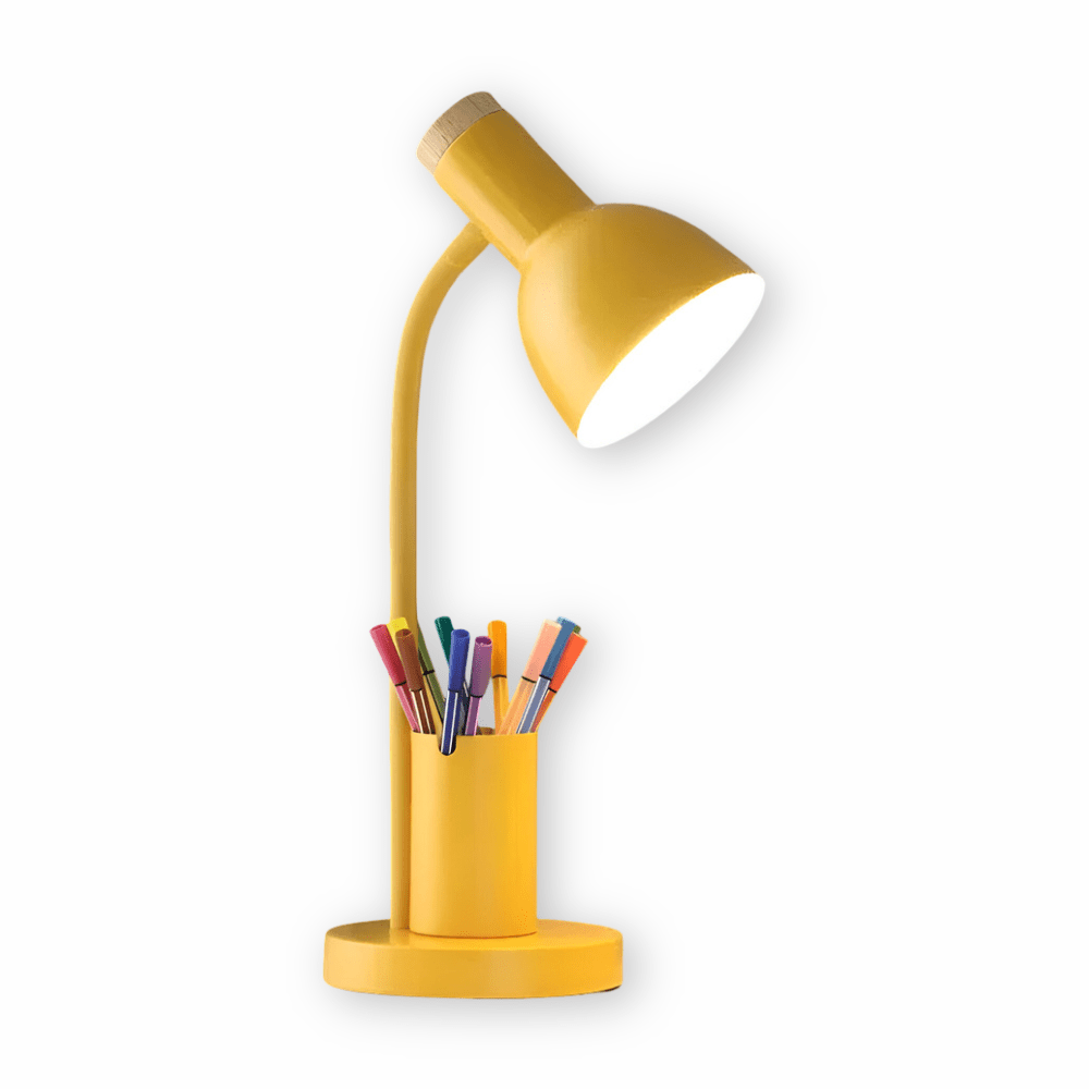 Dekorativ og funksjonell LED-bordlampe med innebygd penneholder for optimal skrivebordsplass.