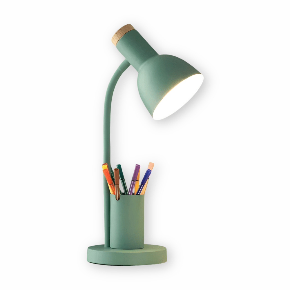 Minimalistisk LED-bordlampe med penneholder, gir klart arbeidslys og bidrar til god innredning.