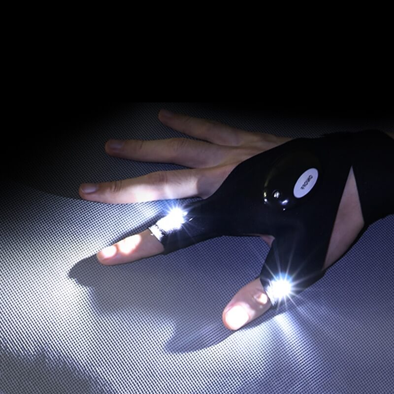 Nærbilde av en unisex LED-hanske med innebygde lys for praktisk, lyssterk håndfri belysning.