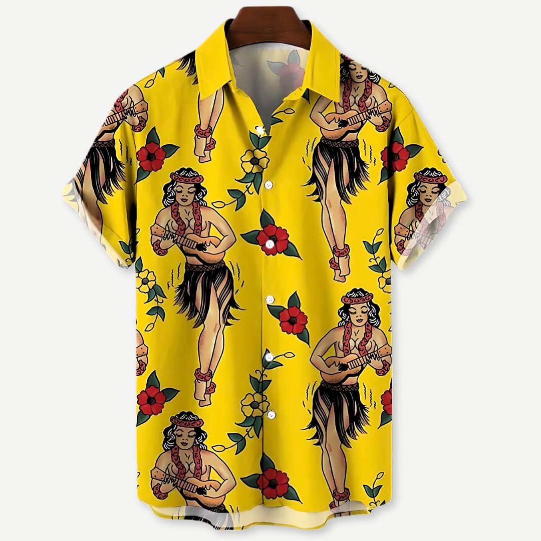 Komfortabel herreskjorte med livlig tropisk mønster. Perfekt sommerskjorte for luau, strand og varme dager.