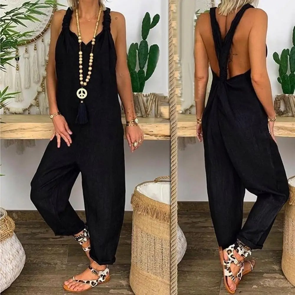 Casual feriejumpsuit for kvinner, med justerbare knytestropper og komfortabel, ryggløs design.
