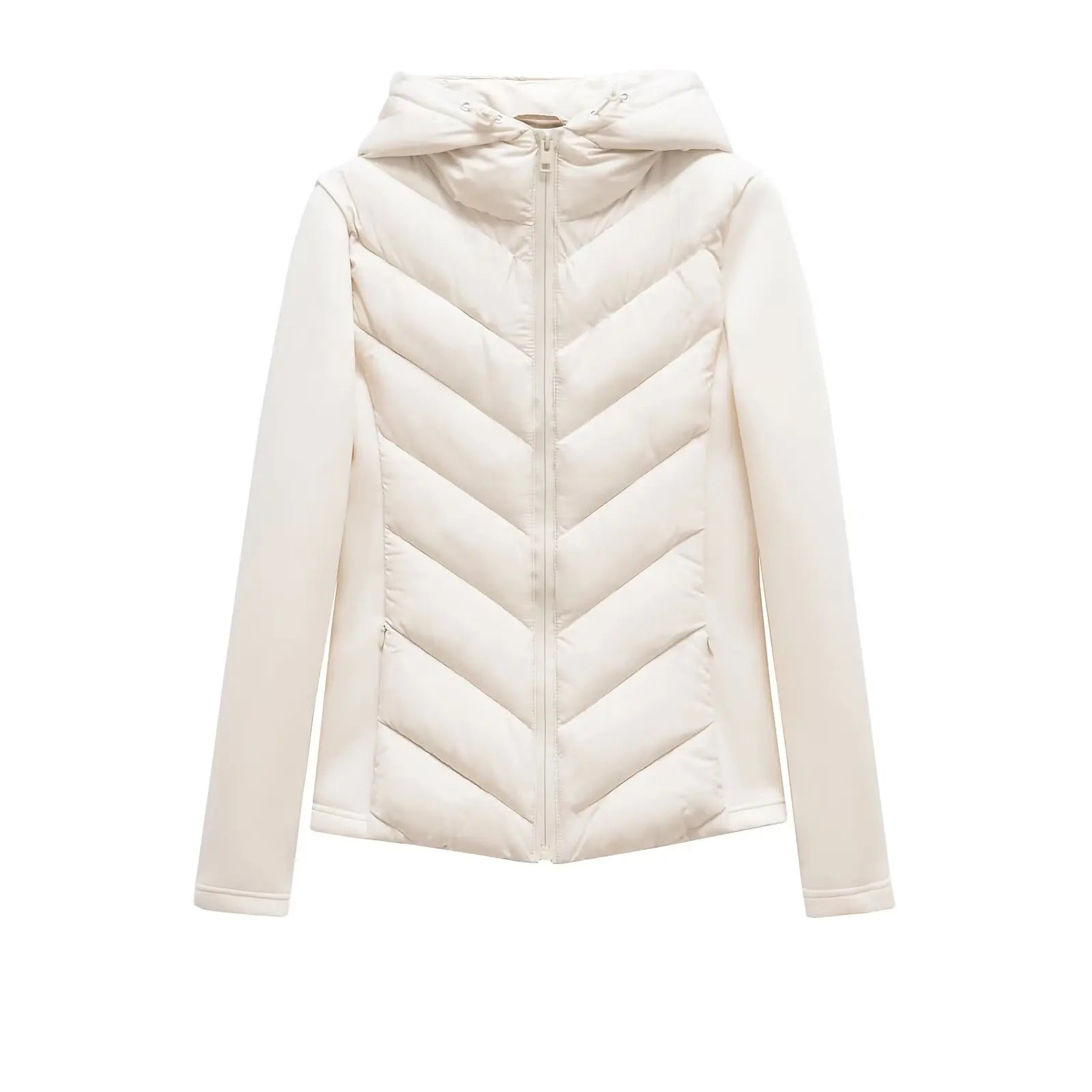 Moderne og stilren slim fit damejakke, lett vattert med hette, ideell som yttertøy i vinter.