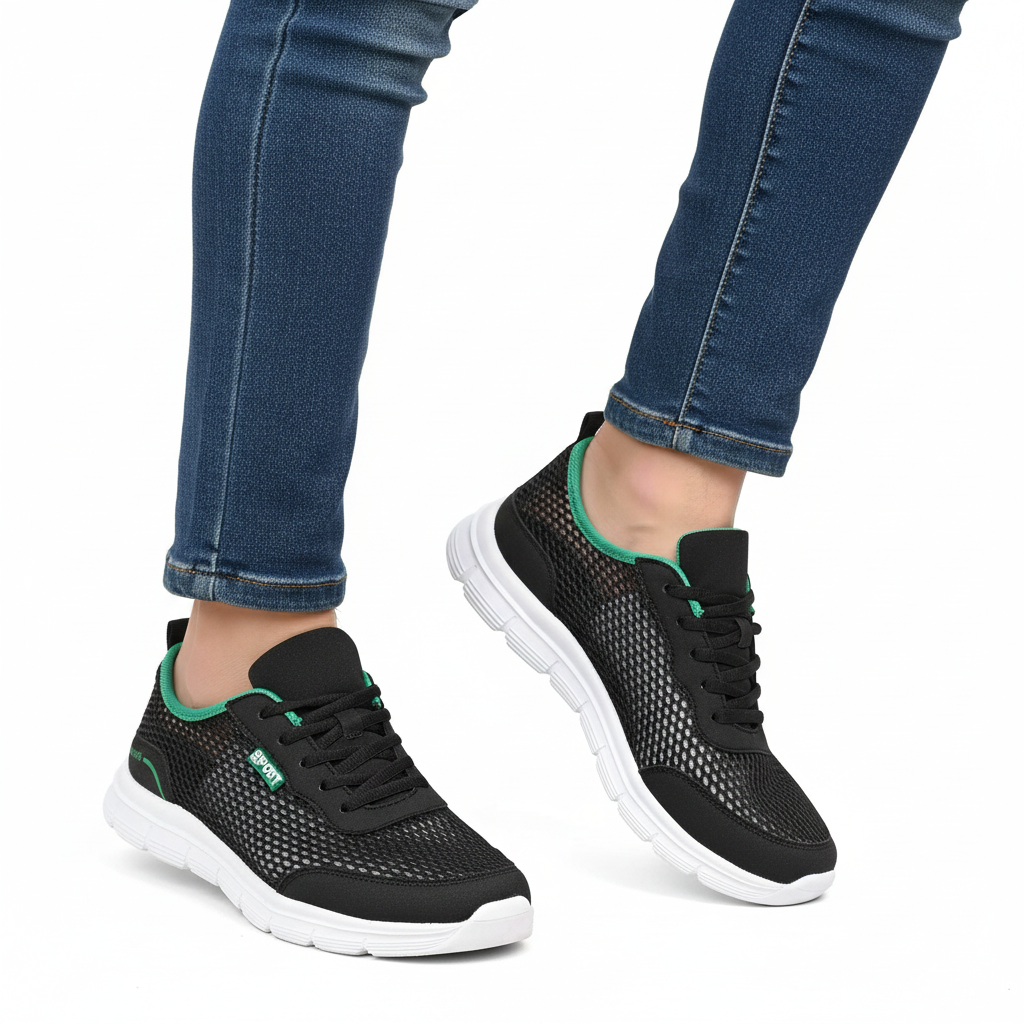 Ovenfra bilde av slip-on mesh herresko, fremhever lett design og enkel påføring.