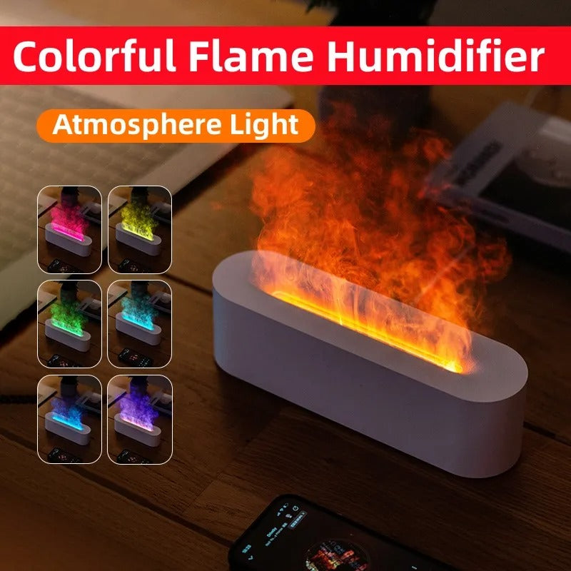 Detaljebilde av en moderne luftfukter med lysende flammeeffekt, bidrar til ro og hygge i rommet.