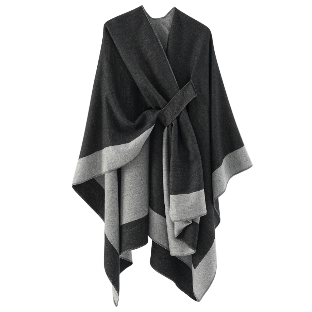 Luksuriøs kvinne poncho i svart-grå, perfekt for elegant lag-på-lag stil om høsten og vinteren.
