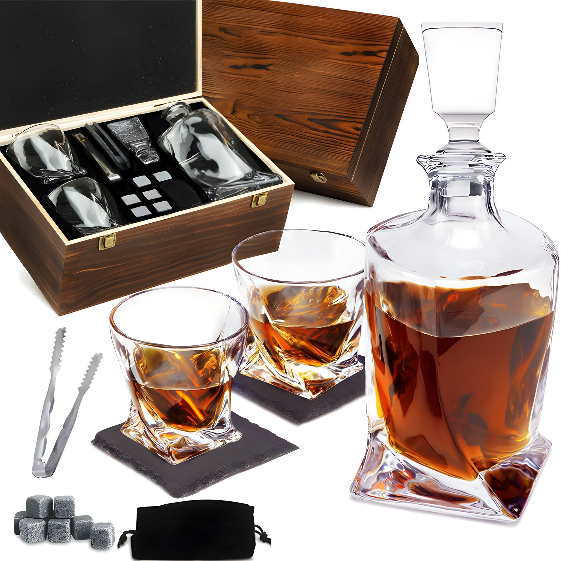 Eksklusivt whisky sett med elegant karaffel og 4 krystallglass, ideelt for hjemmebaren.