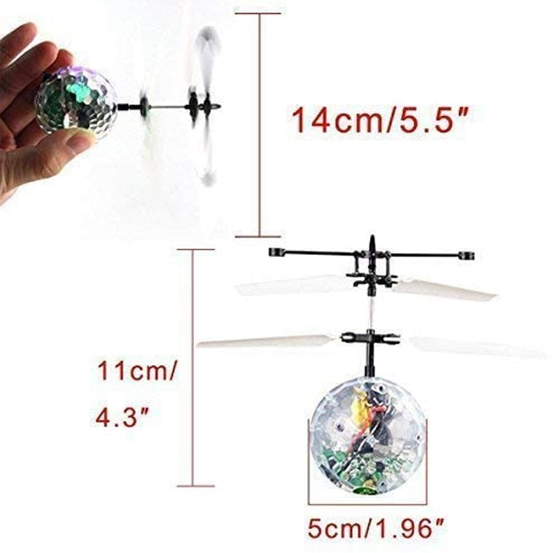 Fargerik flyvende LED ball leketøy i luften, med innebygde sensorer for enkel styring. Barnevennlig drone.