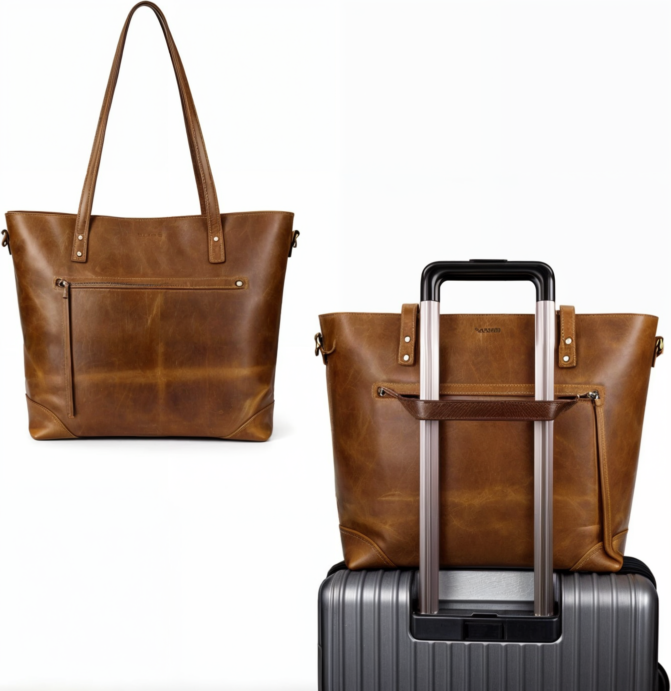 Dame iført mørk brun vintage kunstskinn crossbody veske, fremhever dens stil og praktiske størrelse.