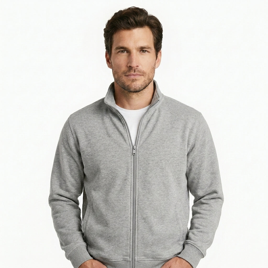 Blå herrejakke med full glidelås, allsidig og moderne for lagpålag og casual stil.