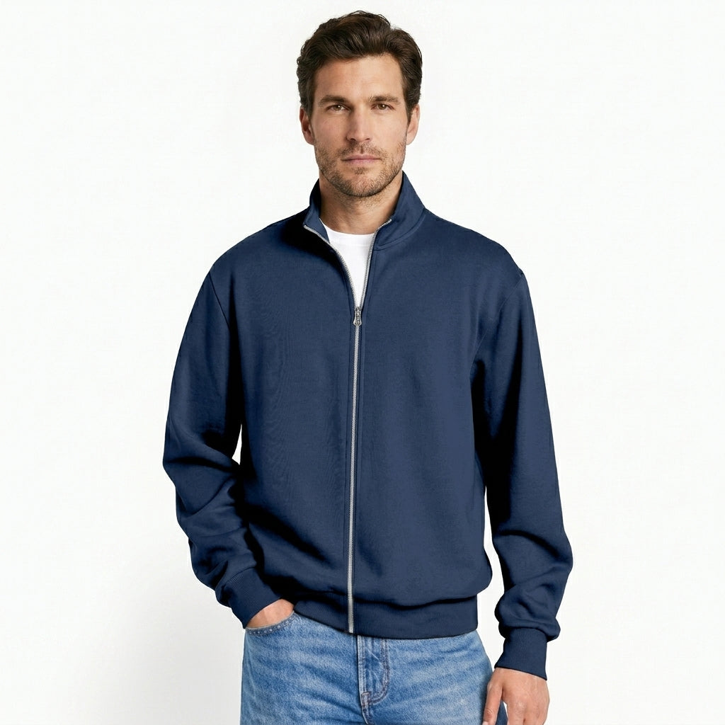 Casual herrejakke med full glidelås, allsidig design for en komfortabel hverdagslook.