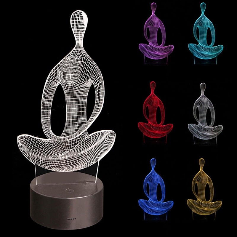 Magisk 3D yoga illusjonslampe med fargerikt lys, skaper beroligende stemning.