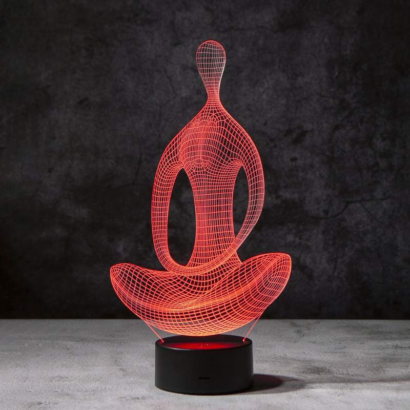 Innovativ 3D illusjonslampe med yoga-tema. En fargerik og moderne interiørdetalj.