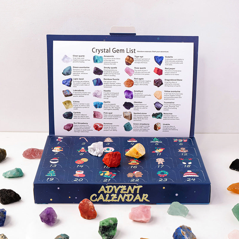 Ideell julegave: Magisk adventskalender med 24 edle steiner for mineralentusiaster.