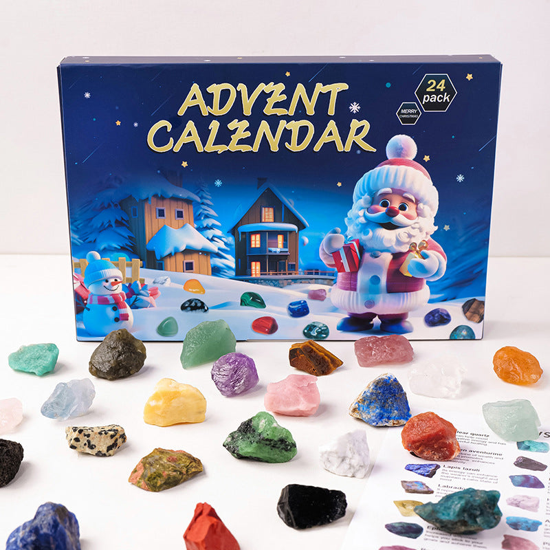 Bilde av åpen adventskalender med samleobjekter: 24 unike natursteiner for desember.