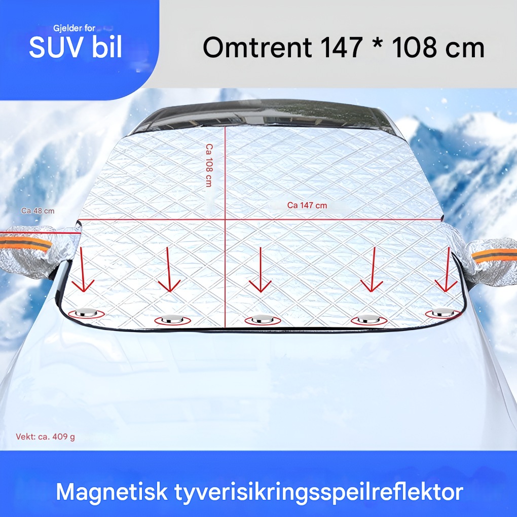 Magnetisk frontrutetrekk på bil, gir effektiv frostbeskyttelse mot snø og is om vinteren.