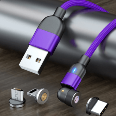 Praktisk magnetkabel for hurtiglading av telefon. Leveres med USB-C, Lightning og Micro-USB adaptere.