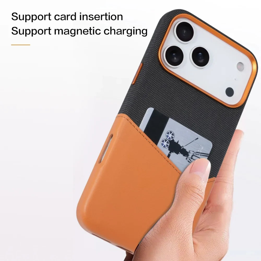 Stilig magnetisk mobildeksel for iPhone, presenterer slankt design og funksjonell kortlomme.