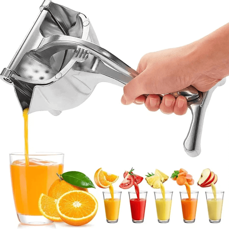 Manuell juicepresse i rustfritt stål for ferskpresset fruktjuice hjemme, enkel å bruke.
