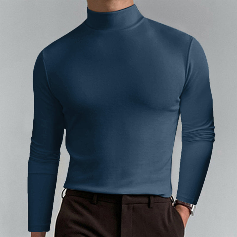 Marineblå høyhalset slim fit langermet t-skjorte for menn. Stilfull og komfortabel herre t-skjorte.