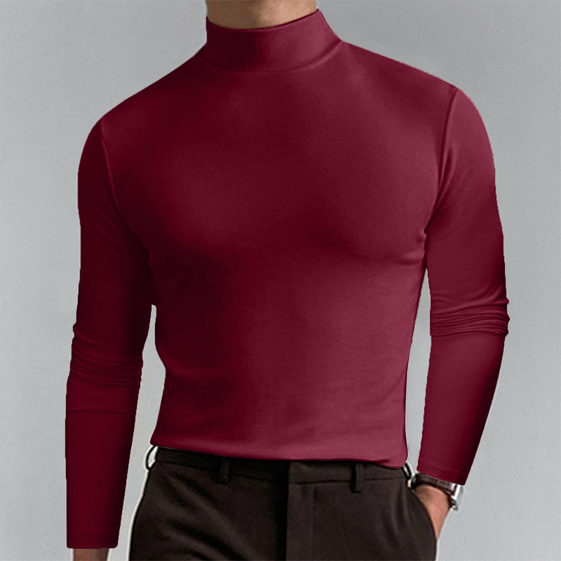 Høyhalset langermet t-skjorte i burgunder for menn. Slim fit design gir en moderne look.
